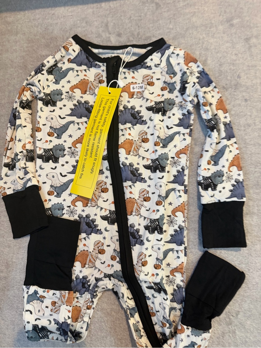 Unbranded Kids White Dinosaur Print One-Piece Pajamas with Black Trim